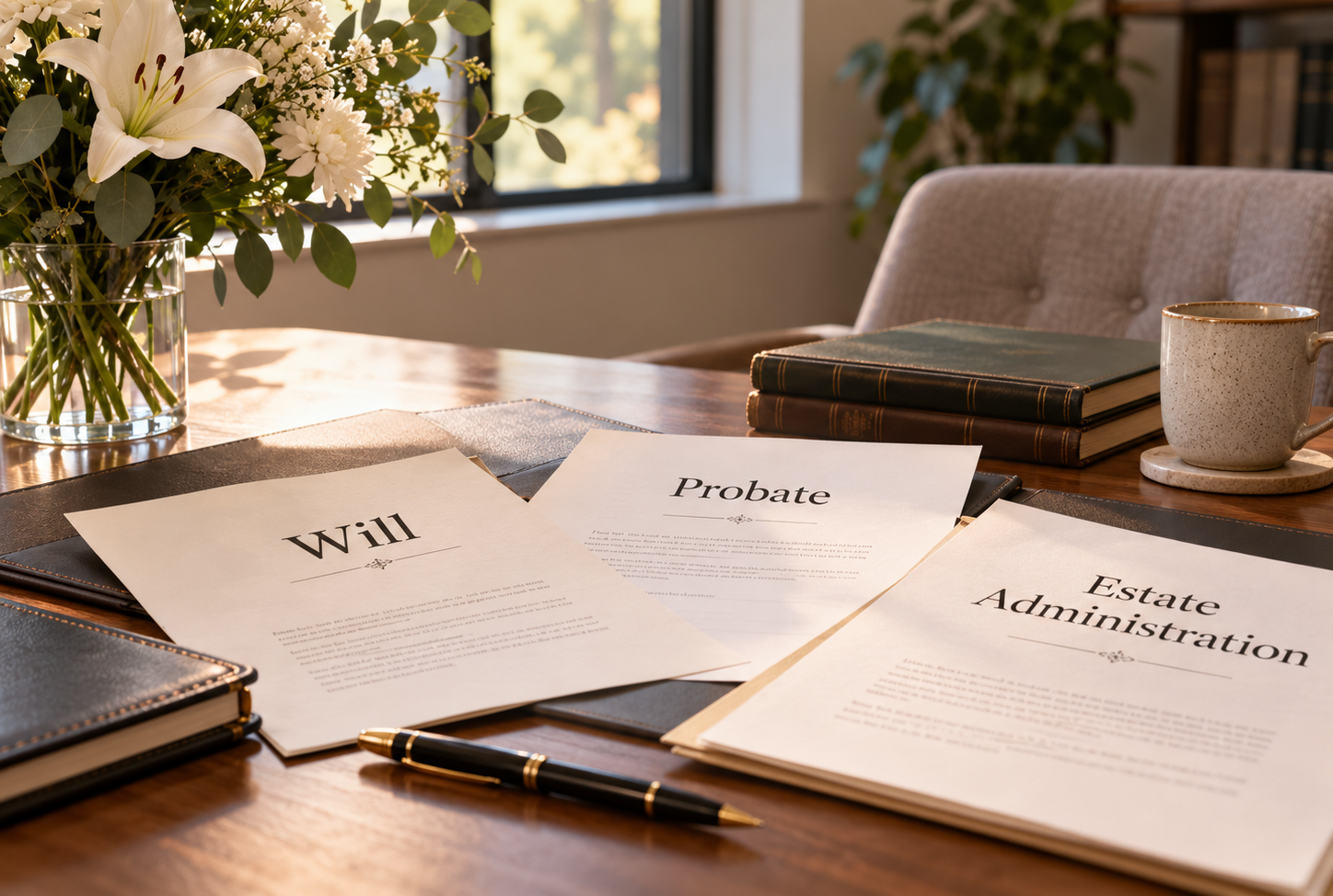 A professional office desk with documents labelled “Will”, “Probate” and “Estate Administration”, alongside a pen, glasses and flowers.